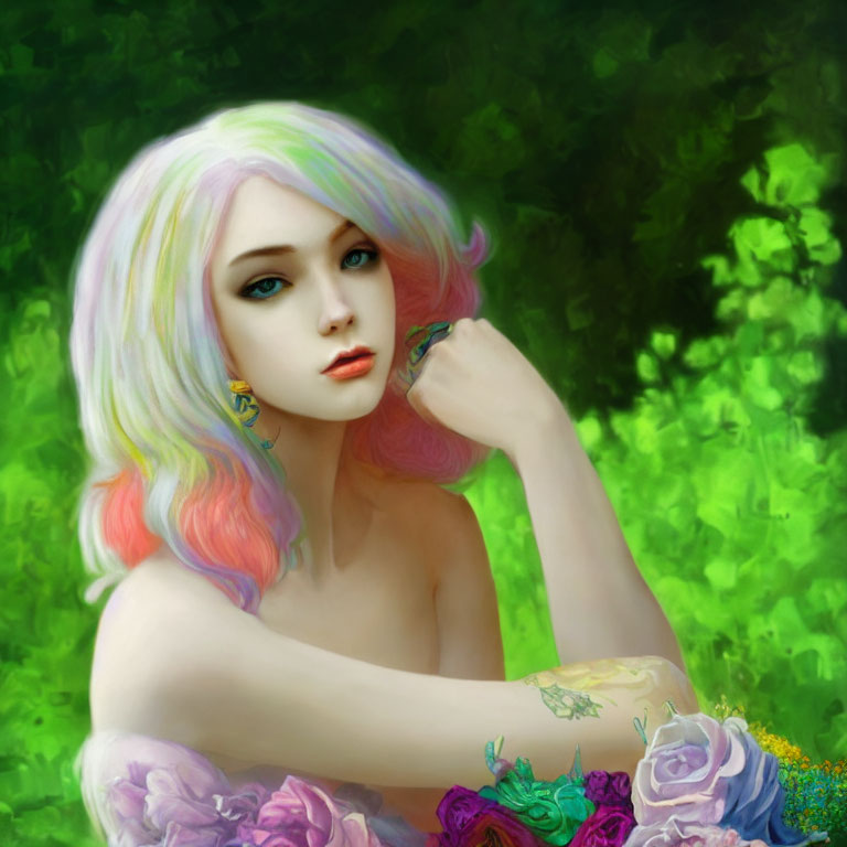 Vivid makeup and pastel hair portrait in lush green setting