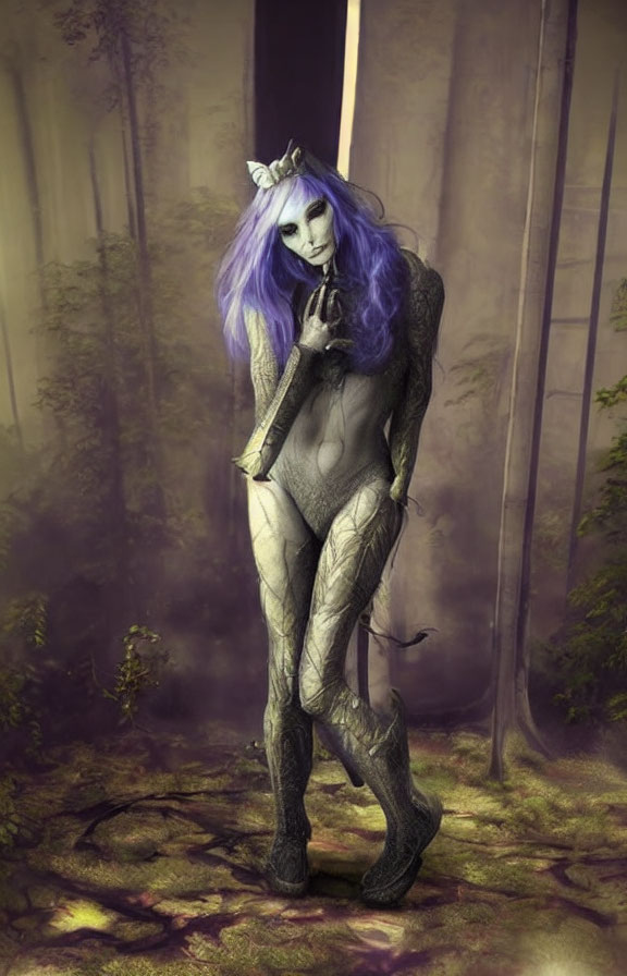 Fantasy creature with purple hair, horns, and body art in misty forest
