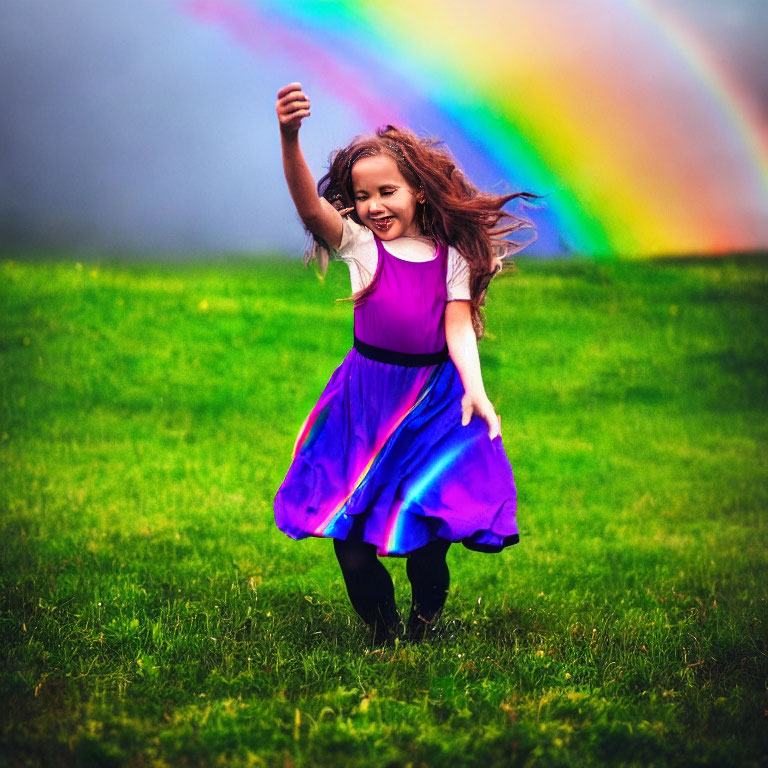 Young girl in colorful dress playing on grassy field with rainbow.