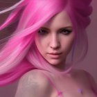Digital painting: Person with flowing pink hair and intense gaze, sharp features and soft textures.