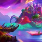 Fantasy landscape with castle, lush vegetation, reflective water, purple sky