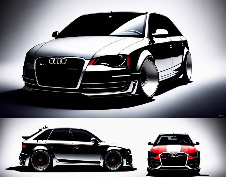 Stylized Audi car illustrations: front, profile, and rear views in black and white with custom