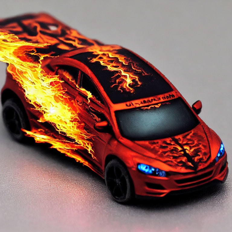 Red Toy Car with Flame Decals and Black Wheels on Grey Surface
