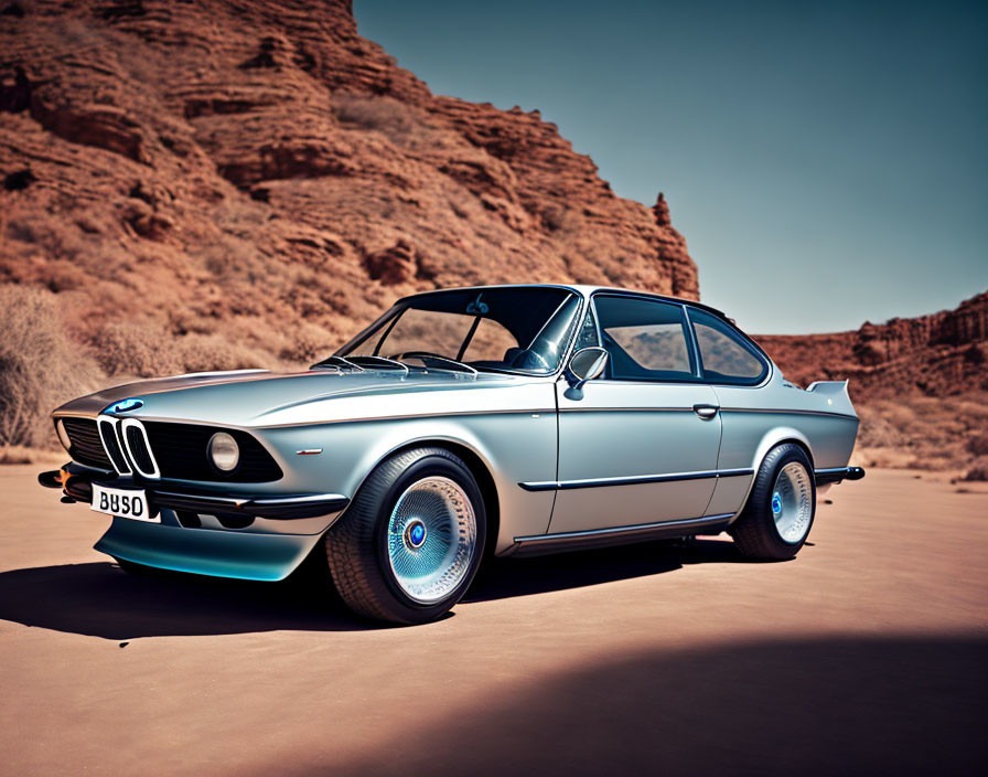 Vintage Blue BMW on Desert Road with Red Rocks and Blue Sky