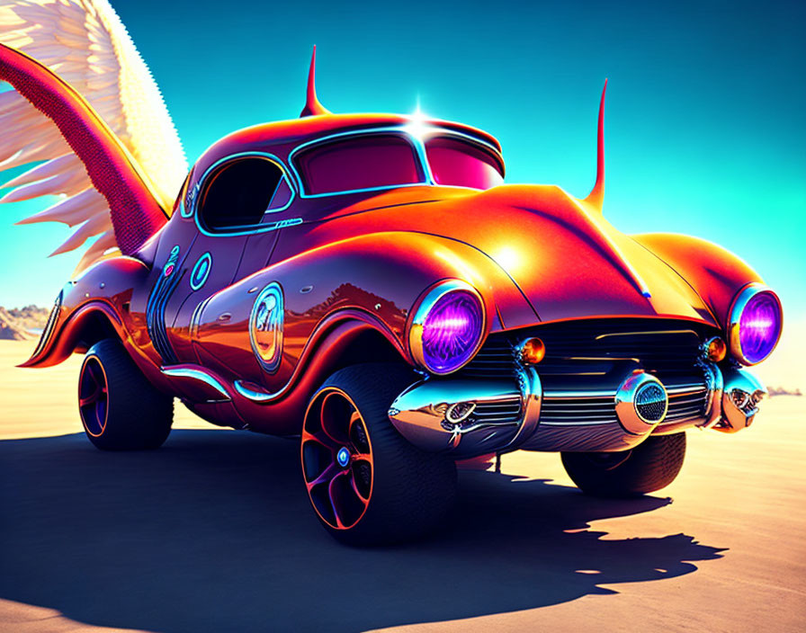 Colorful winged car with neon lights in a whimsical desert scene