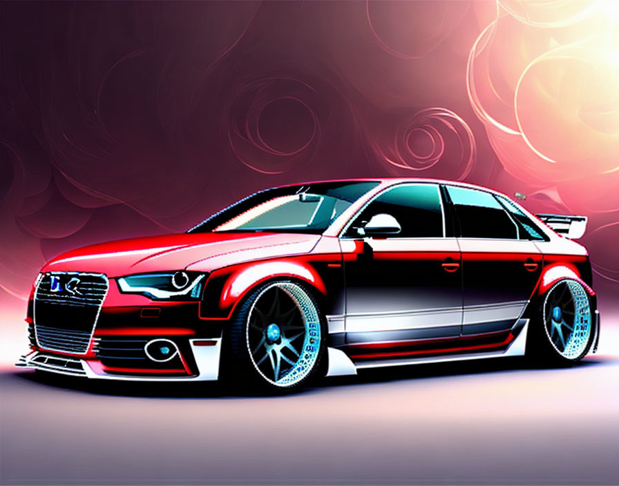 Customized Audi Car Illustration with Red Highlights on Abstract Background