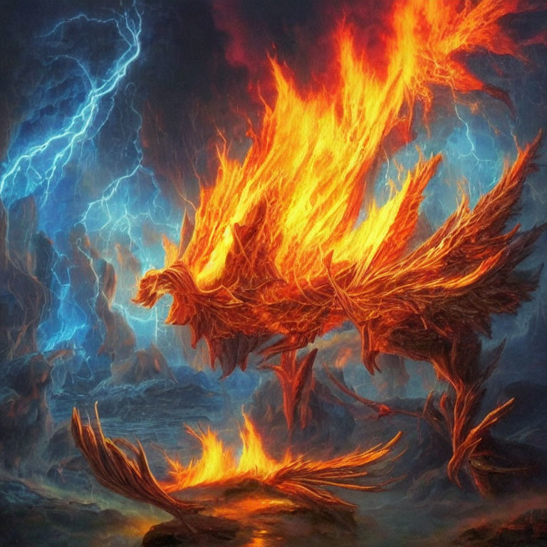 Fiery Phoenix with Lightning in Stormy Sky