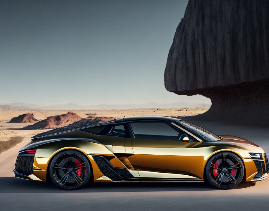 Metallic Gold Sports Car with Black Accents in Desert Setting