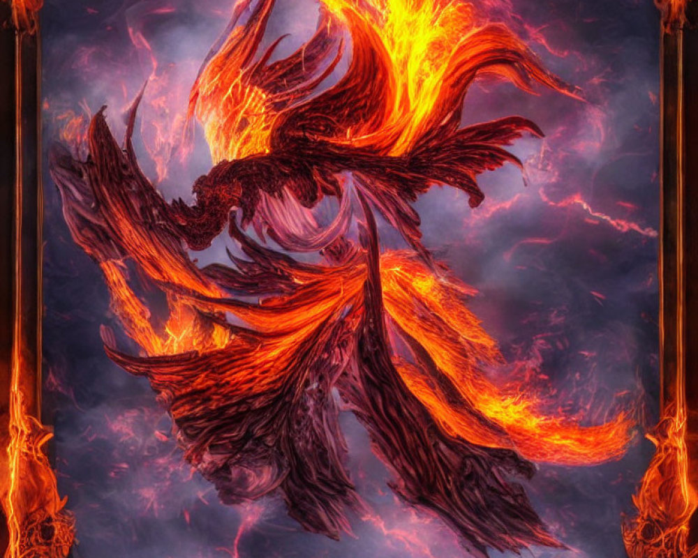 Abstract fiery phoenix in mid-flight with swirling flames and embers on dark background