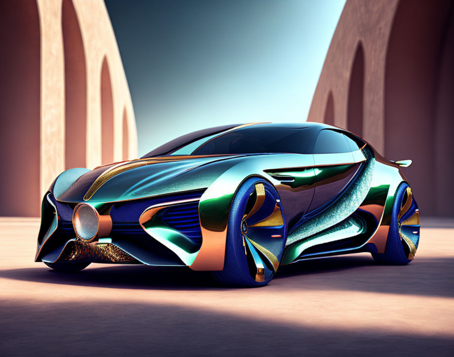 Futuristic car with reflective multicolored body in desert with arches