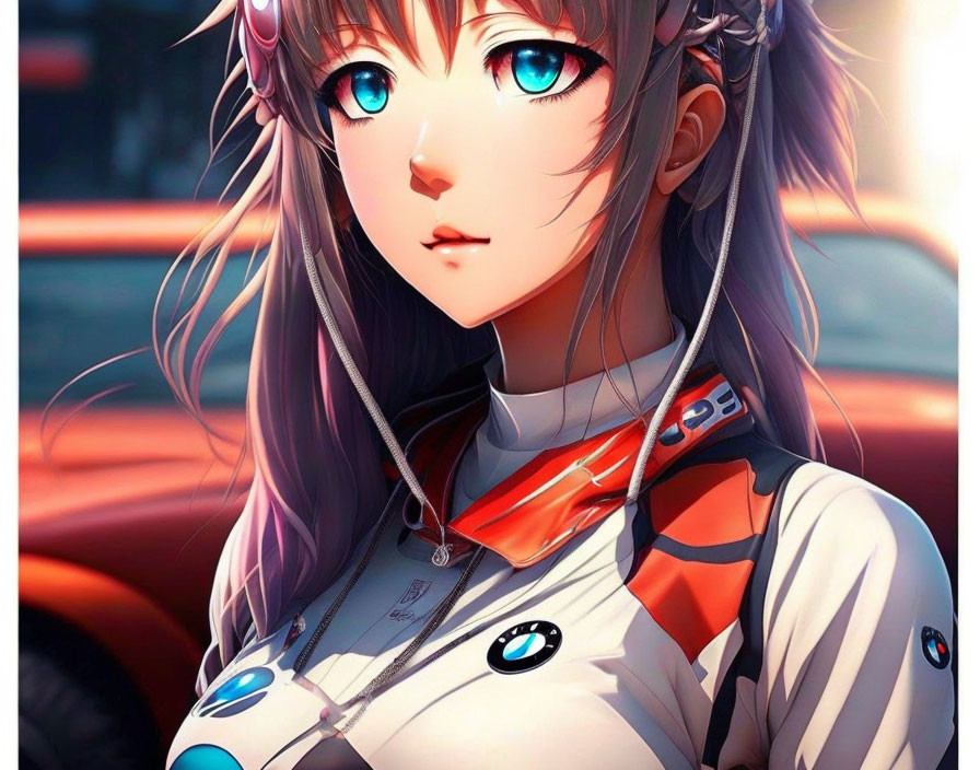 Anime-style Female Character with Blue Eyes and Silver Hair in Futuristic White and Orange Suit