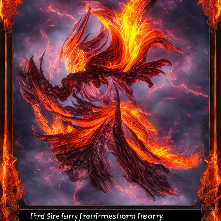 Abstract fiery phoenix in mid-flight with swirling flames and embers on dark background
