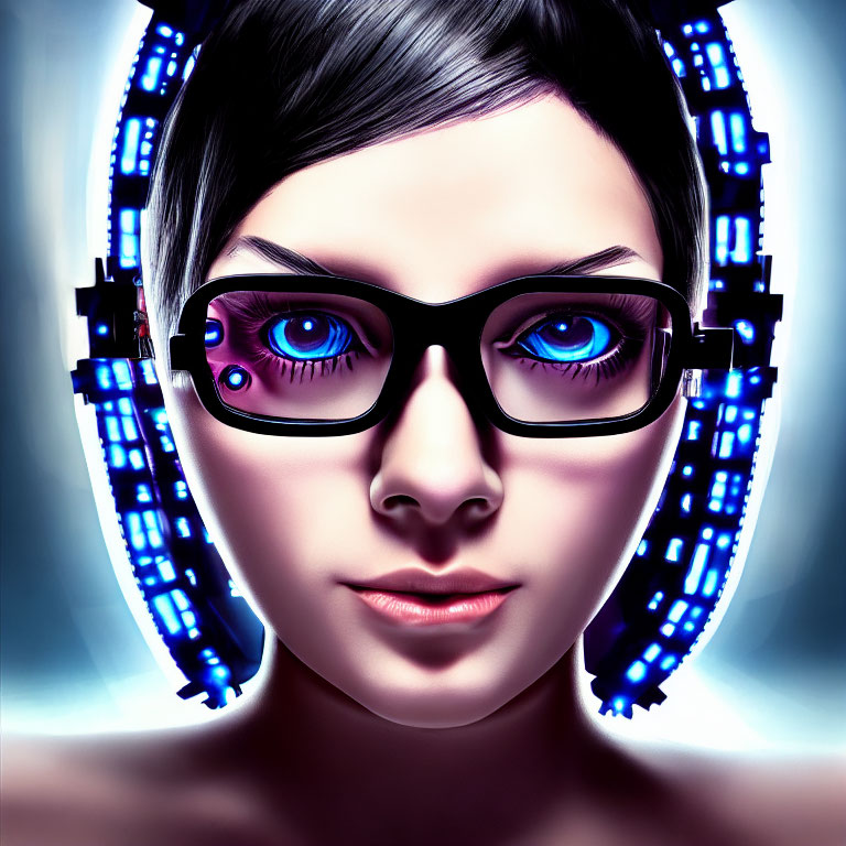 Futuristic digital artwork of woman with blue glasses & glowing circles