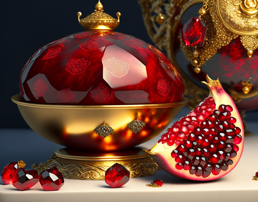 Luxurious Red and Gold Ornate Vessel with Gemstones and Pomegranate on Dark Background