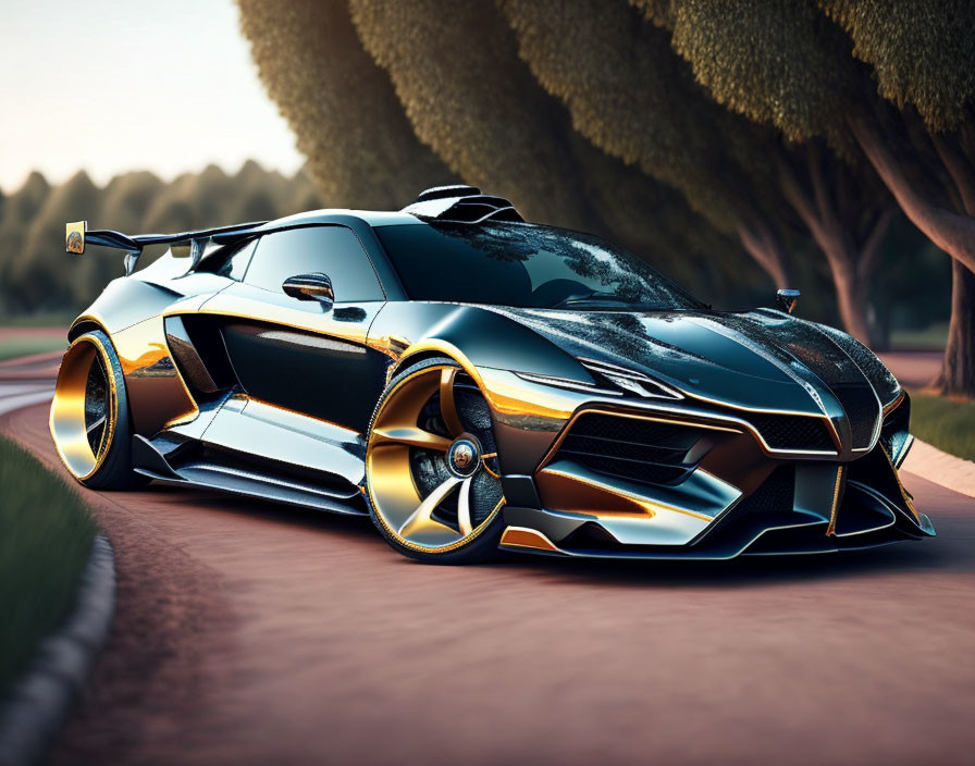 Black and Gold Sports Car with Aerodynamic Design in Sunset Setting