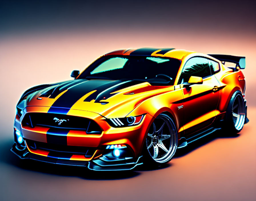 Stylized orange and black-striped Mustang sports car with aftermarket modifications on gradient background