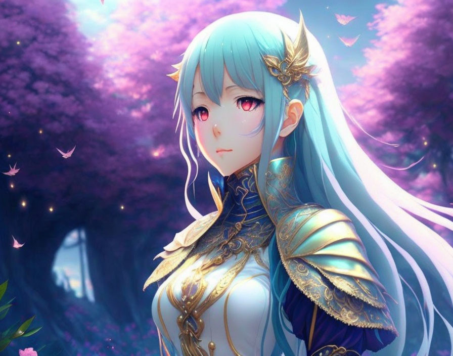 Blue-Haired Anime Character in Golden Armor Amidst Dreamy Pink Foliage