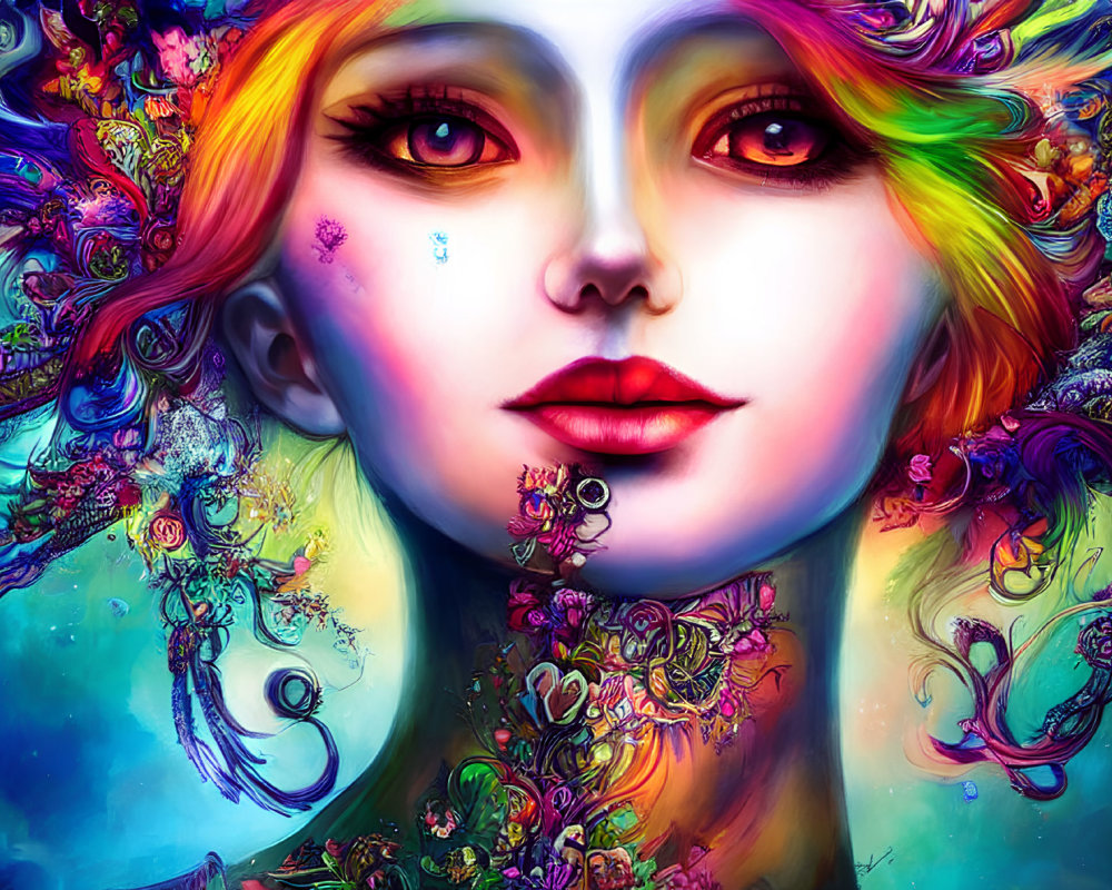 Colorful digital art featuring woman's face with rainbow hair and floral designs.