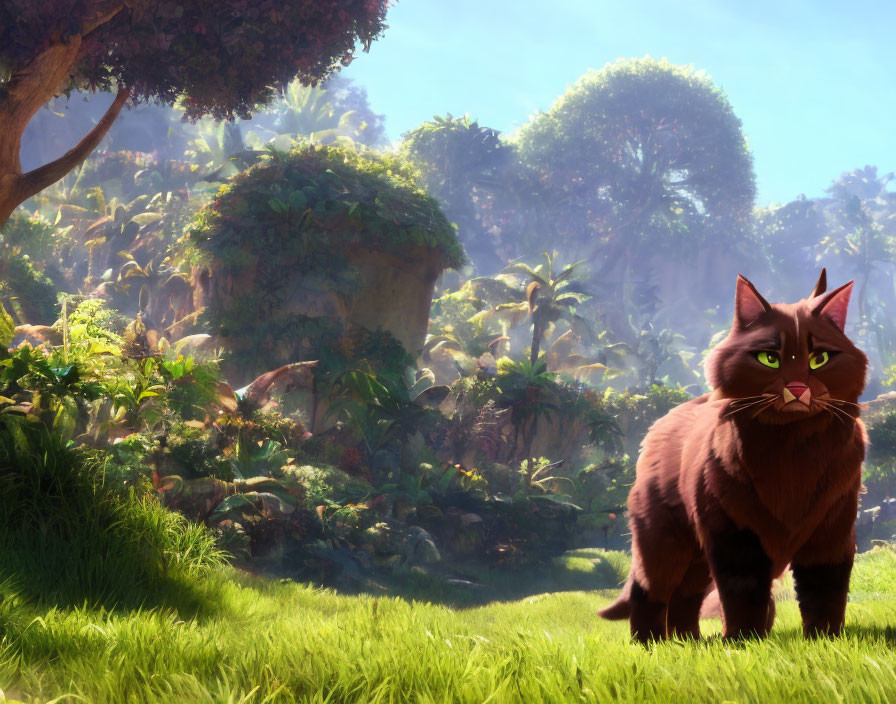 Brown animated cat with green eyes in lush forest with sunlight.