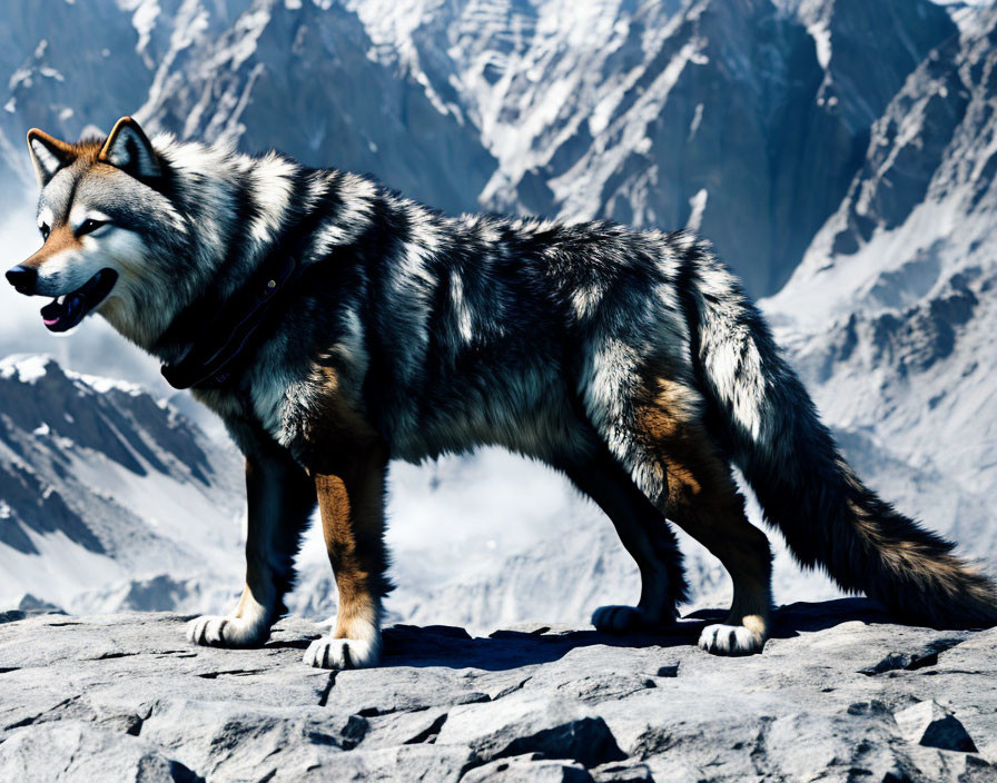 Majestic husky on rocky outcrop with snow-covered mountains
