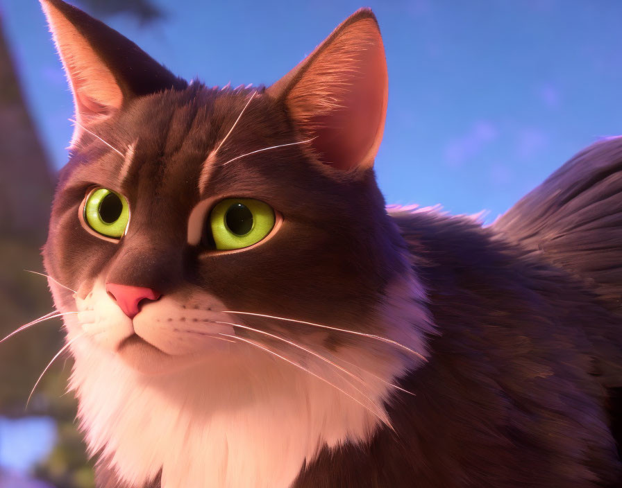 CGI-animated cat with green eyes and fur coat under pink sky