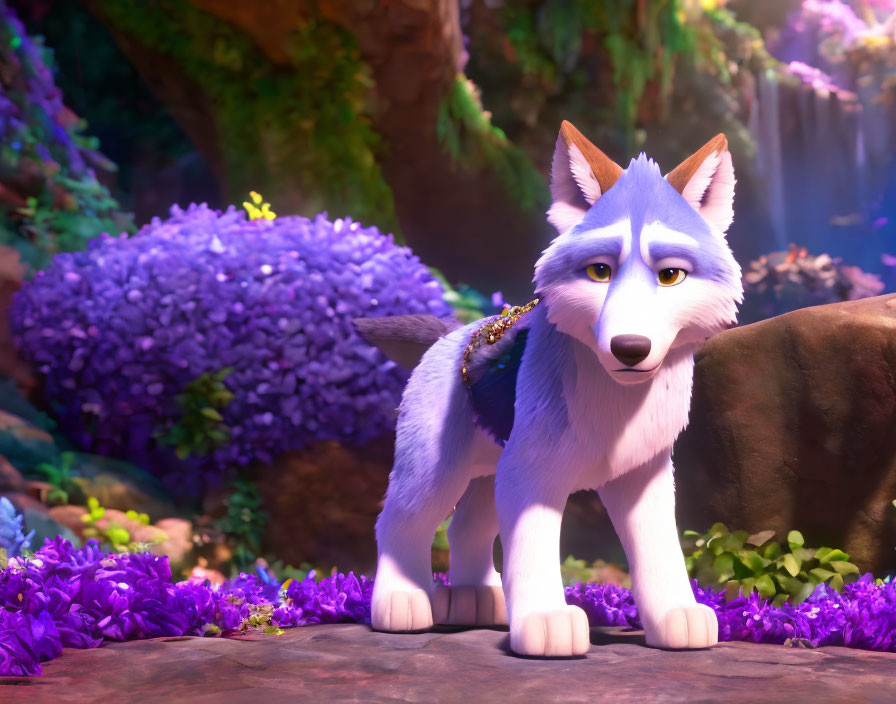 Gray and White Wolf with Violet Eyes in Vibrant Forest Setting