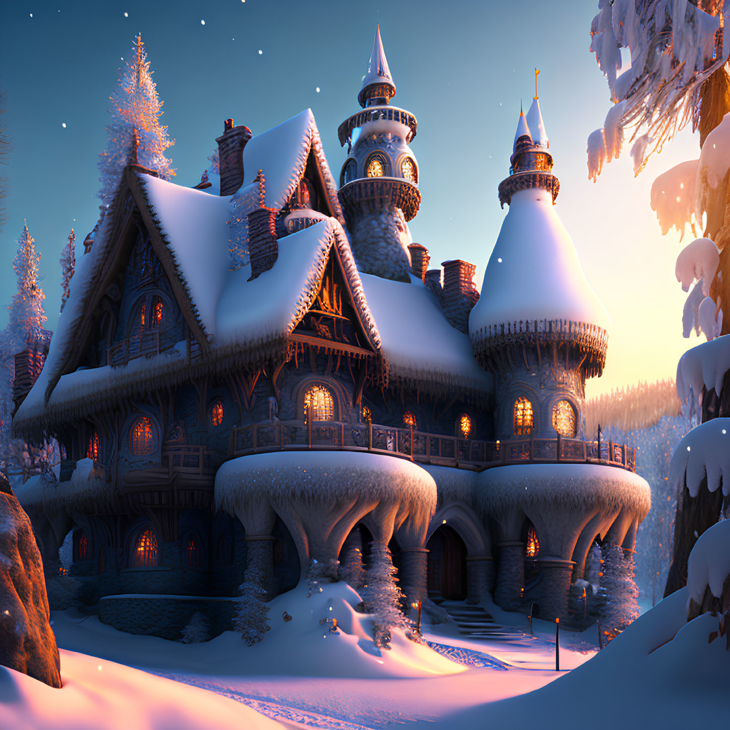 Snow-covered cottage with tall towers in tranquil snowy forest at dusk