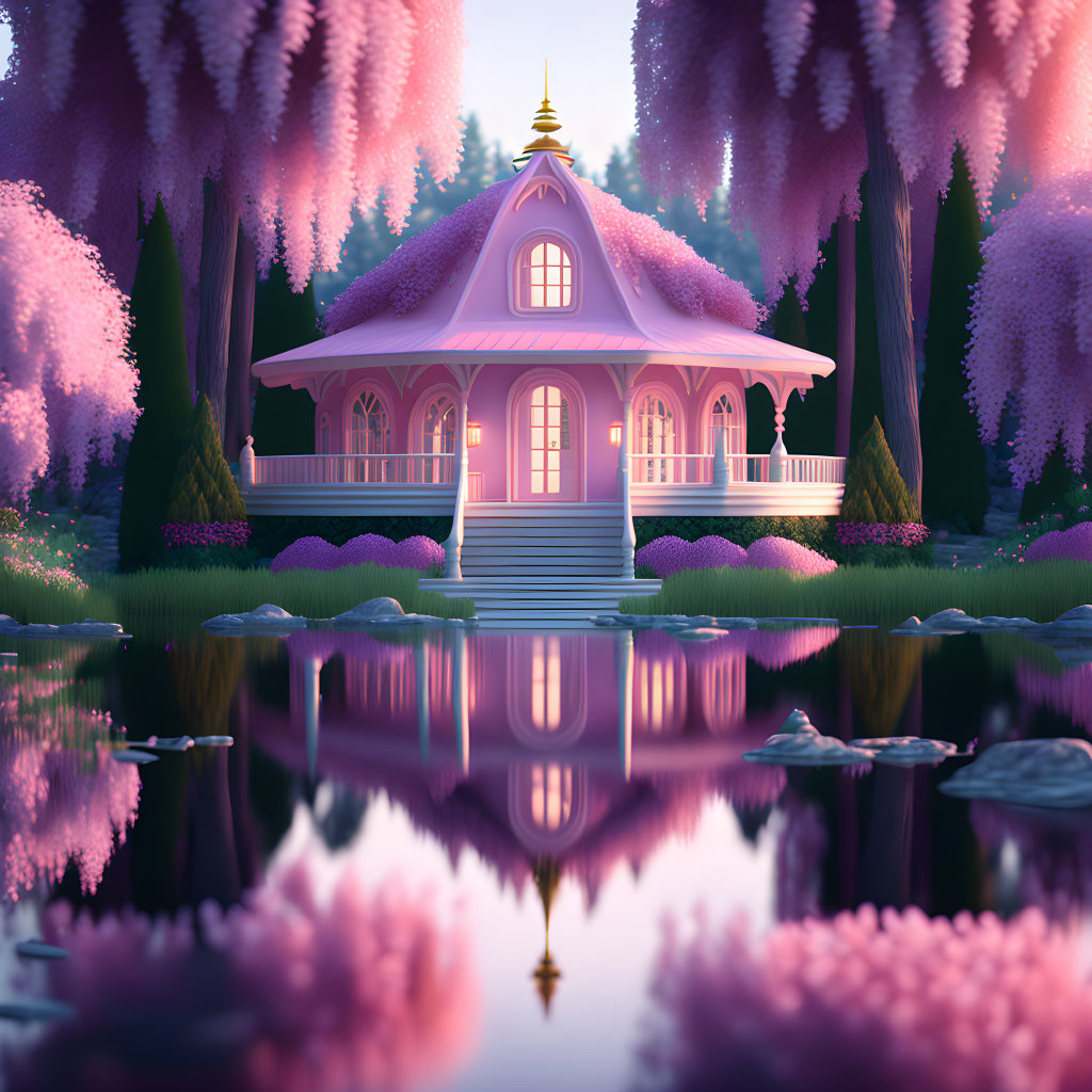 Whimsical pink house with golden spire in enchanting forest