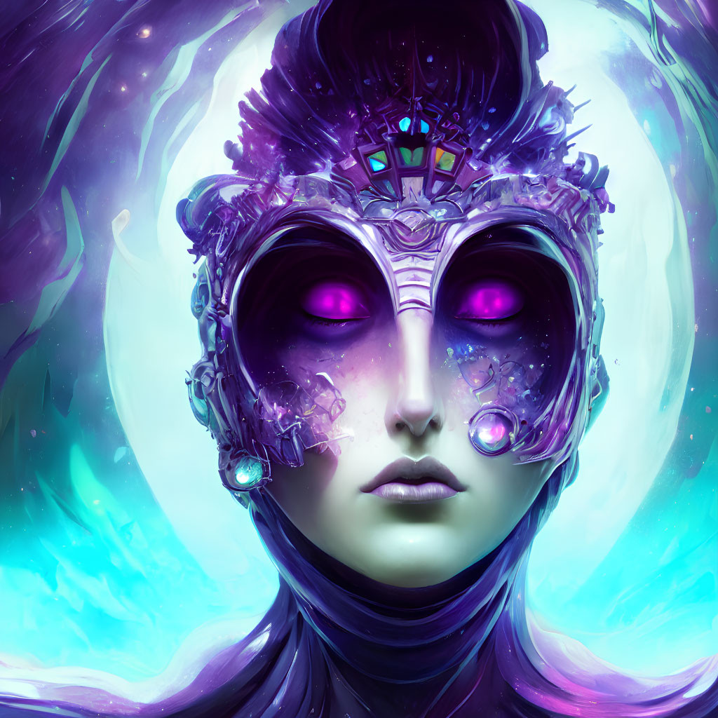 Digital artwork of mysterious figure with glowing purple eyes and intricate mask in cosmic setting