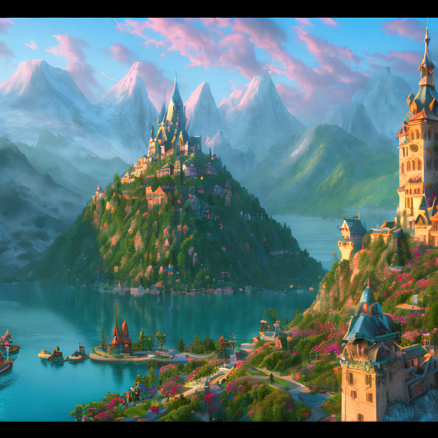 Fantasy landscape with castle, water, boats & snowy mountains