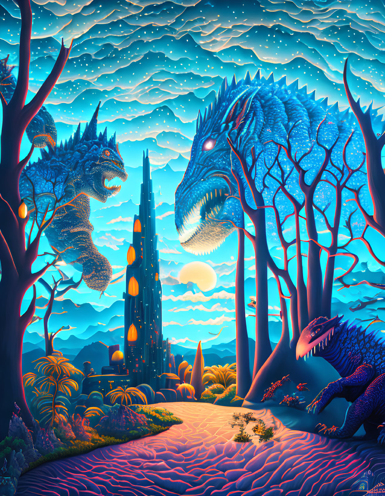 Three dragons in surreal landscape with glowing tower under moonlit night