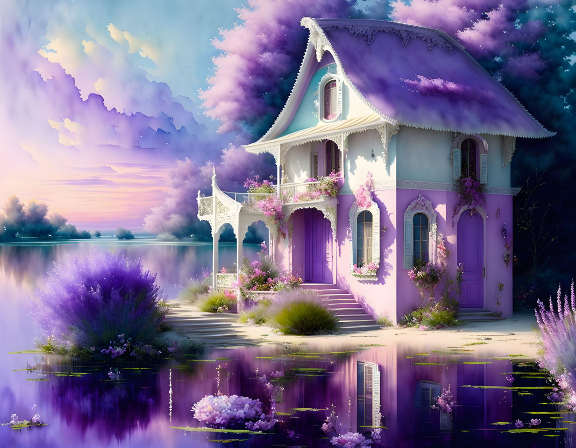 Victorian-style purple house by tranquil lake at sunset