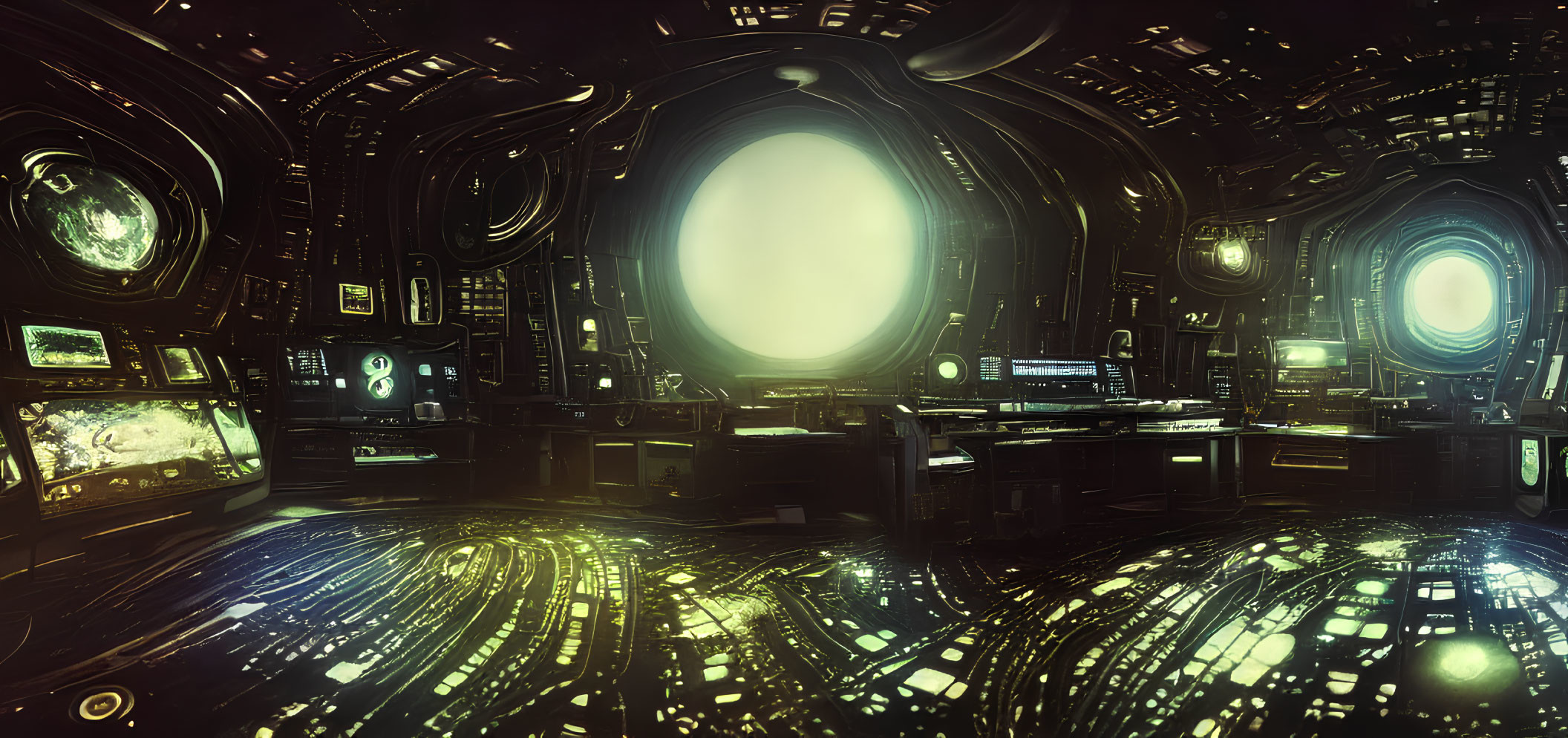 Futuristic spaceship interior with glowing control panels and holographic display
