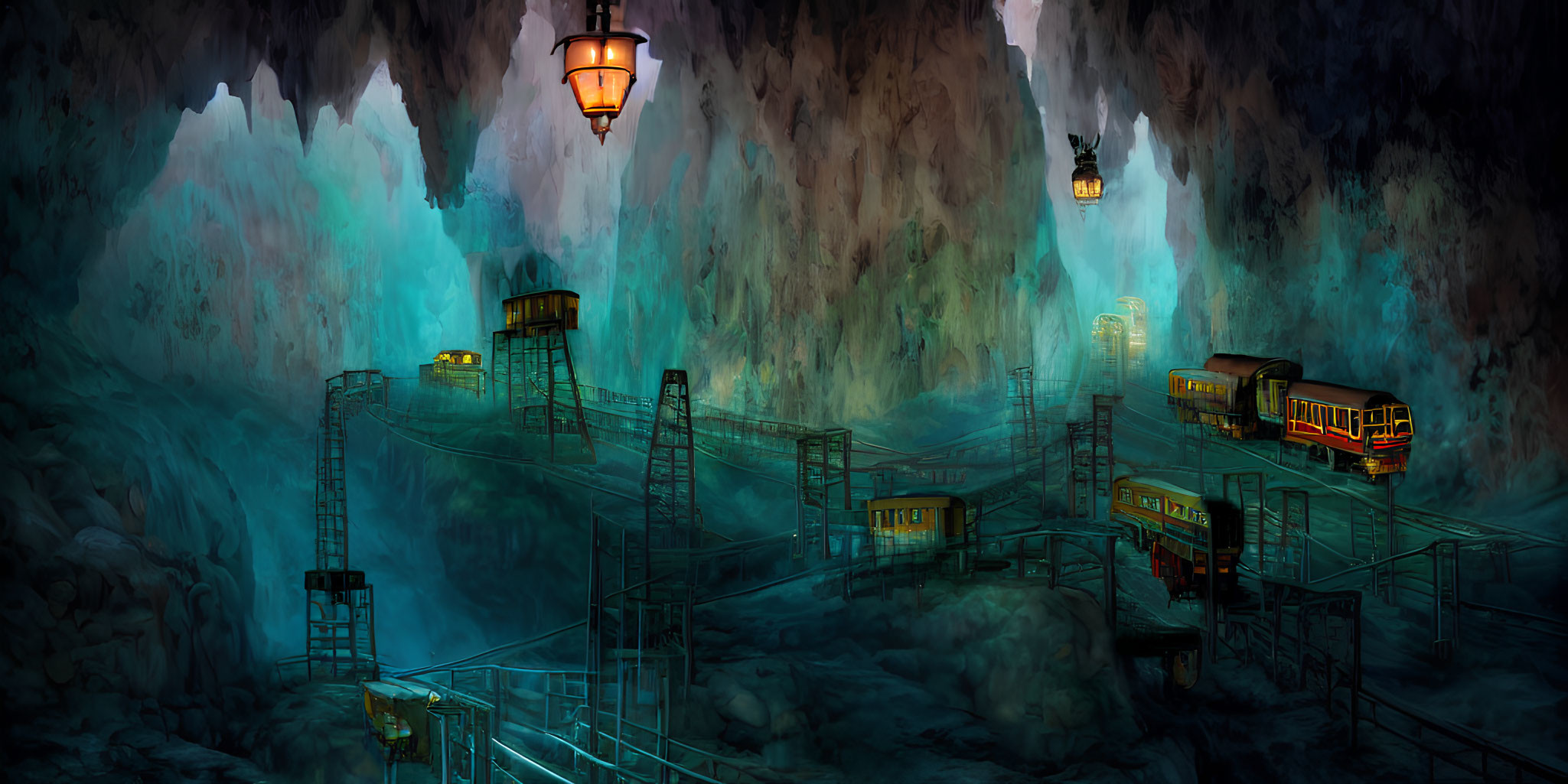 Illustration of cavern with glowing blue walls, wooden platforms, staircases, lanterns, and mining
