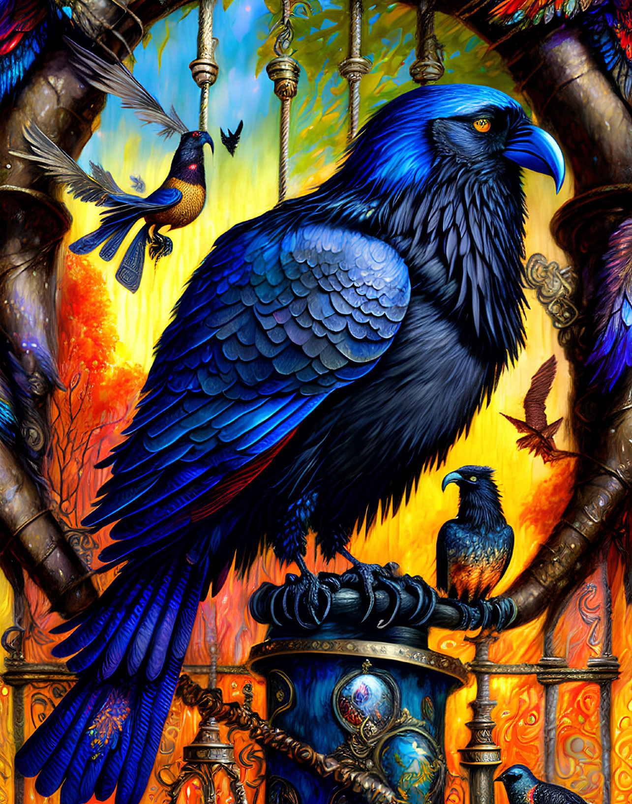 Detailed illustration of majestic raven among ornate pillars