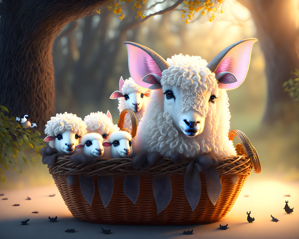 Charming sheep and lambs in woven basket in magical forest