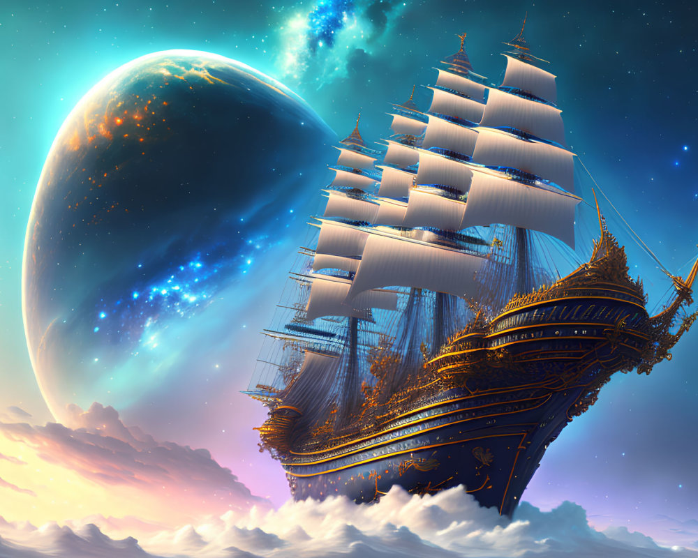 Sailing ship in fantasy sky with vibrant clouds, planet, and galaxy