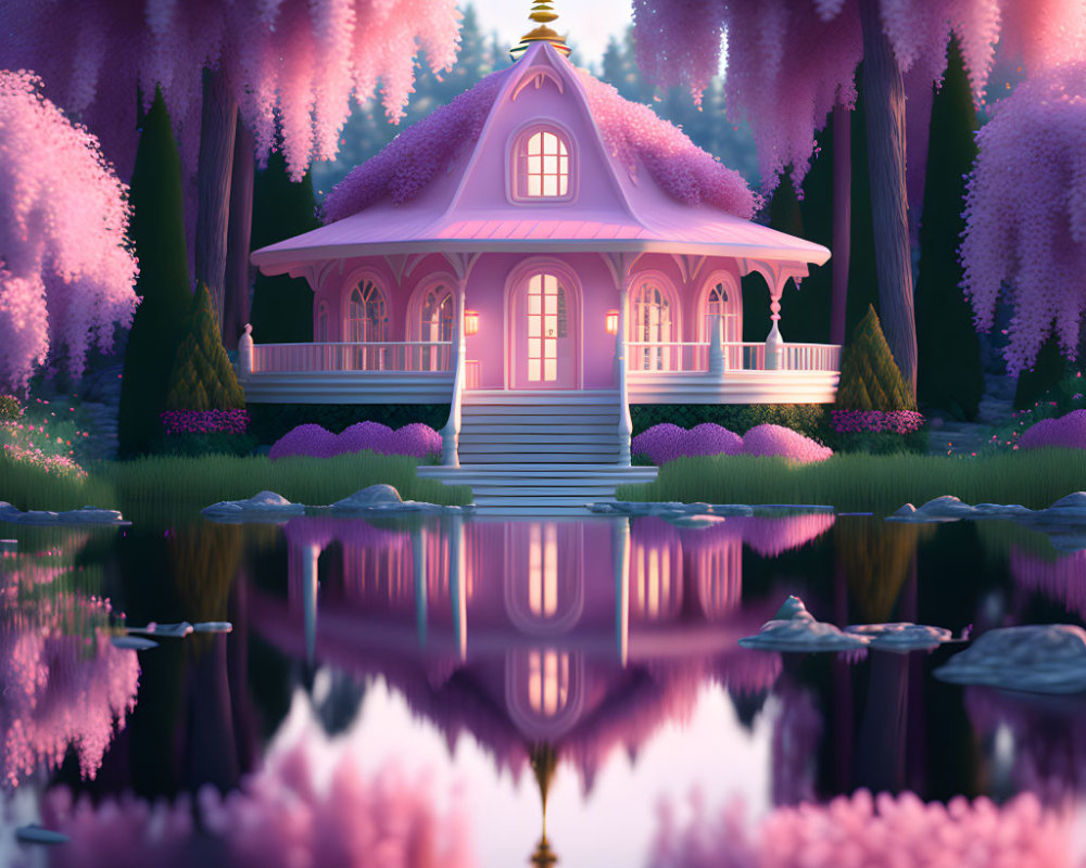 Whimsical pink house with golden spire in enchanting forest