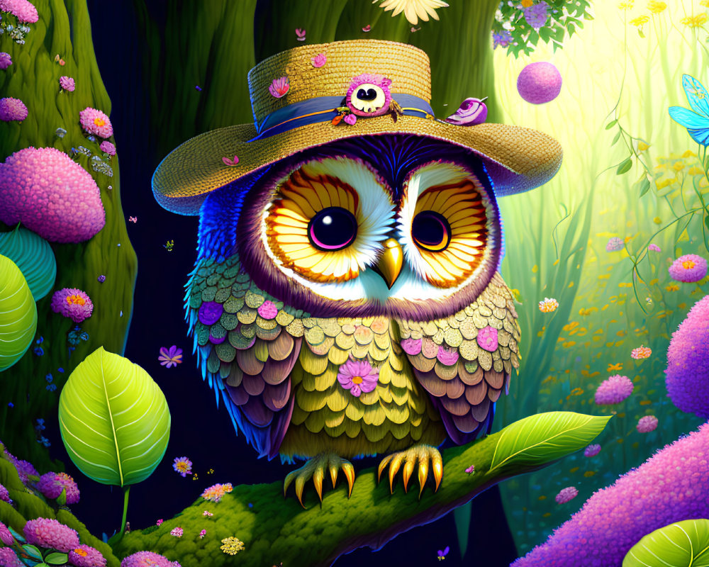Colorful Stylized Owl in Straw Hat on Branch