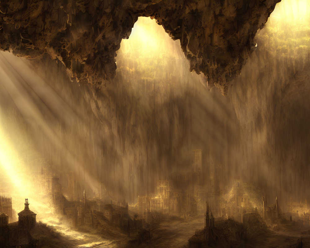 Ancient underground city with warm light and sun rays illuminating structures