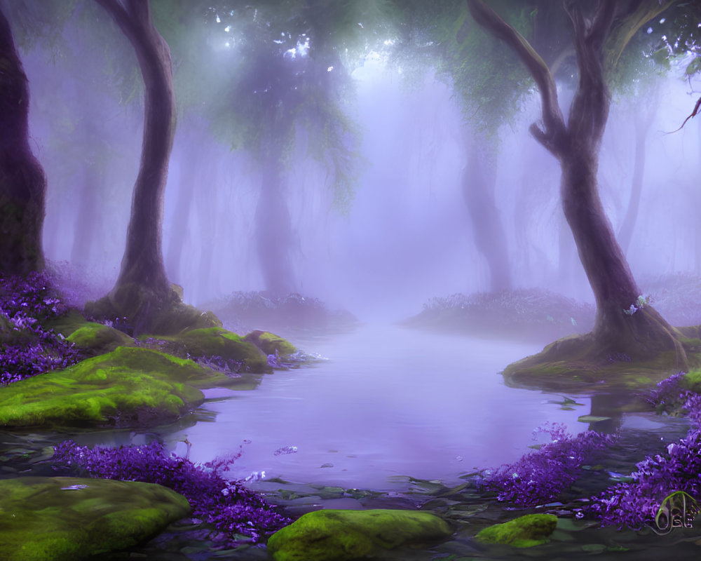 Mystical forest with purple flowers, mossy stones, and sunlight