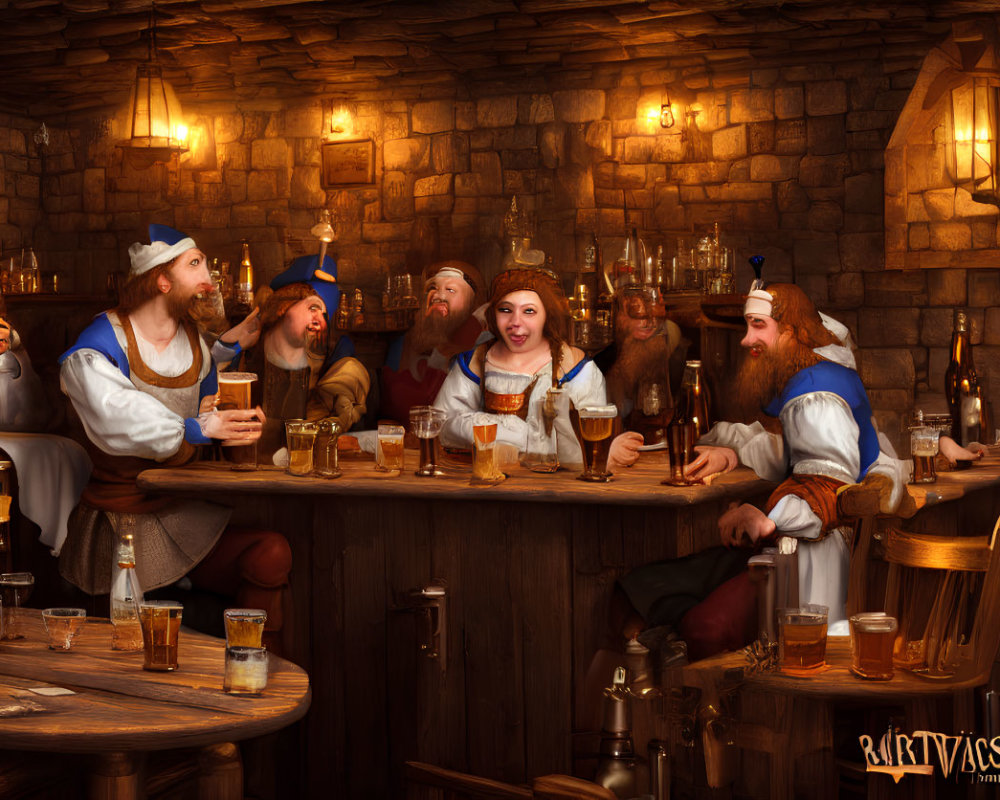 Medieval tavern scene with jovial individuals in period costume drinking and conversing under warm lighting