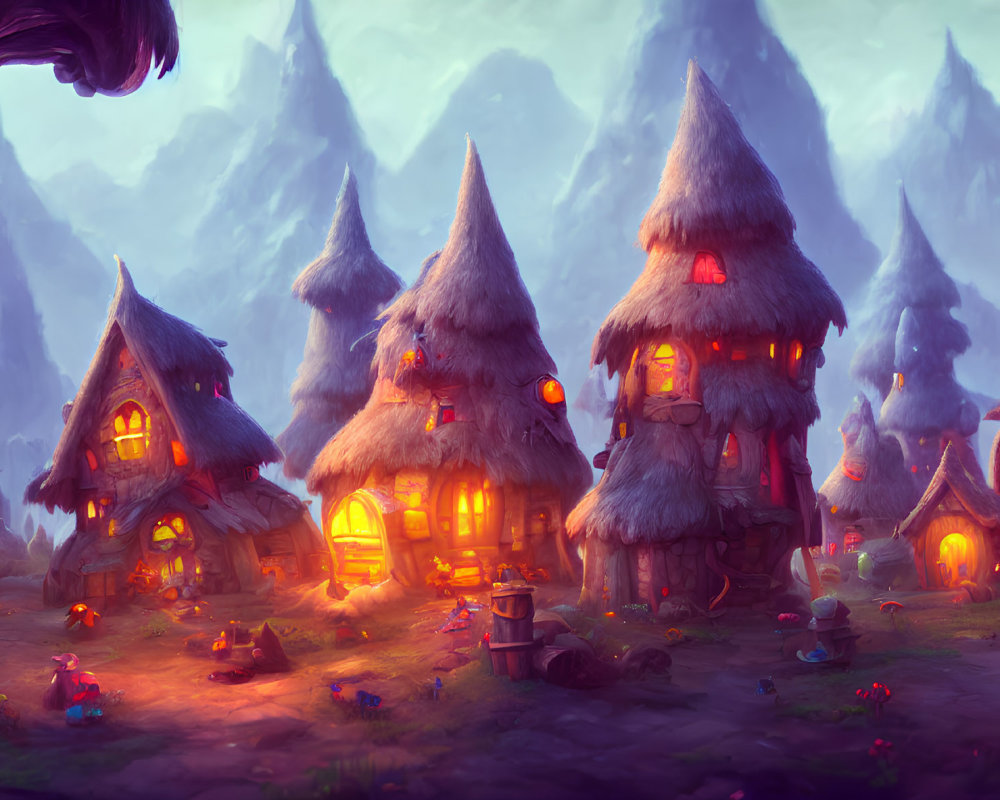 Thatched-Roof Fantasy Village with Glowing Windows at Dusk