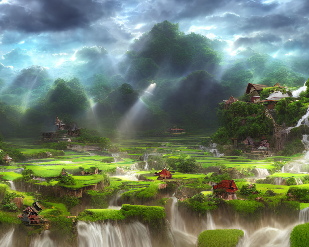 Majestic landscape with greenery, waterfalls, rice terraces, traditional houses, and sunlight