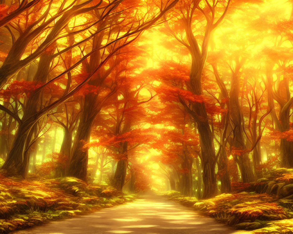 Autumn forest path with tall fiery trees under golden sunlight