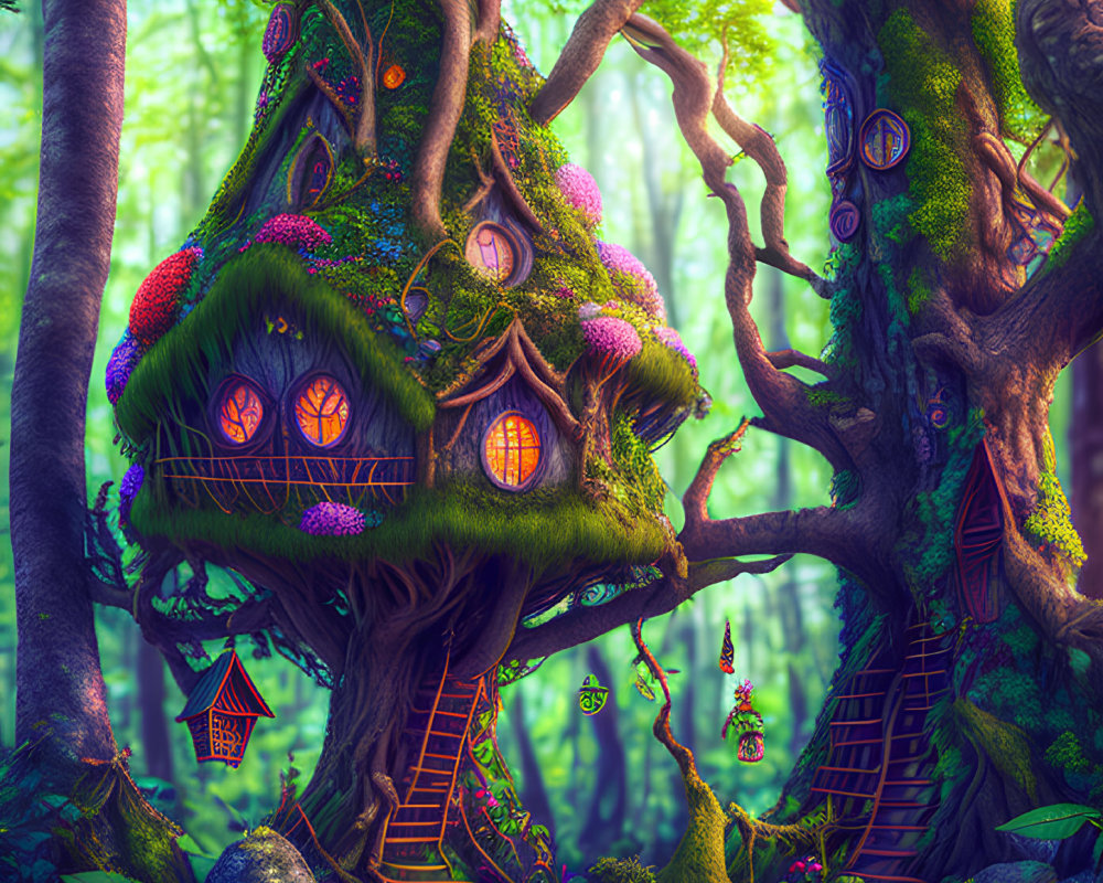 Whimsical Treehouse in Lush Forest with Round Windows
