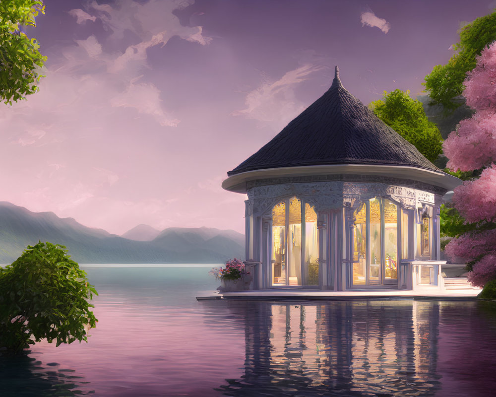 Tranquil Lakeside Gazebo with Pink Trees and Green Hills