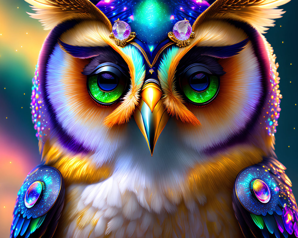 Colorful Owl Artwork with Gemstone Forehead on Starry Background