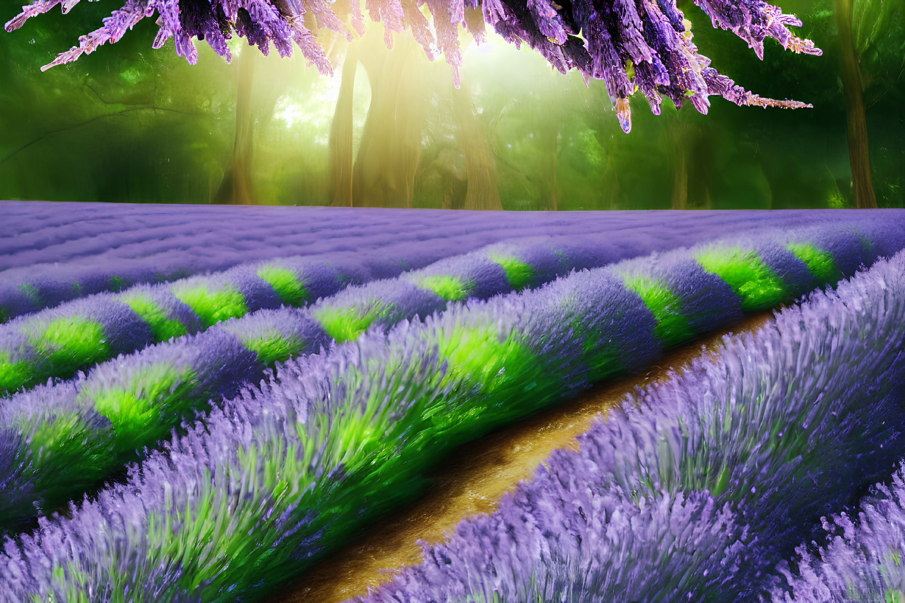 Vibrant lavender field with purple blossoms and green pathway under sunlight