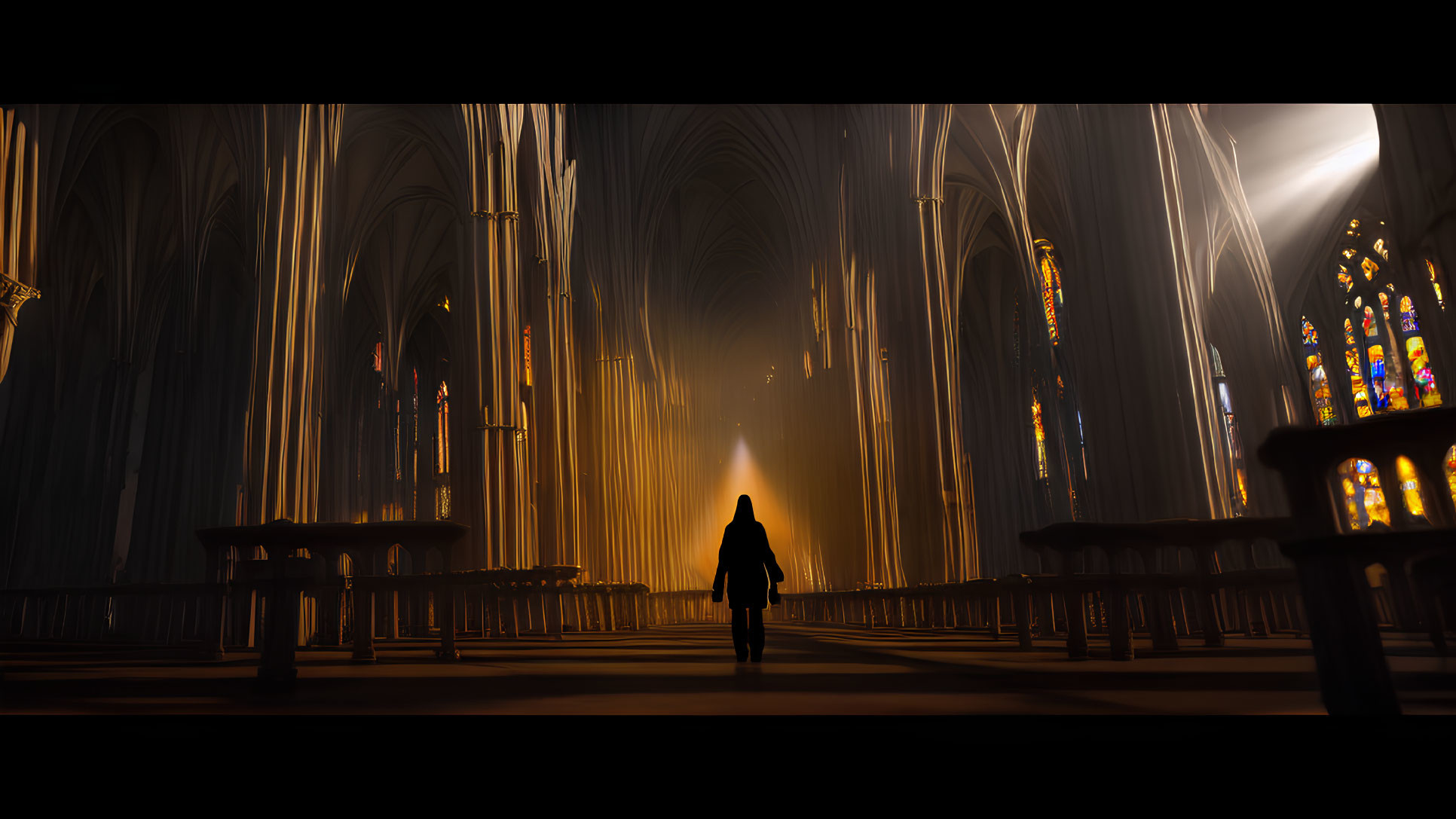 Solitary figure in grand Gothic cathedral with stained glass windows